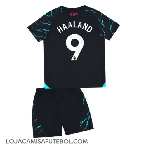 Camisa de Futebol Manchester City Erling Haaland #9 Equipamento Alternativo Infantil 2023-24 Manga Curta (+ Calças curtas)